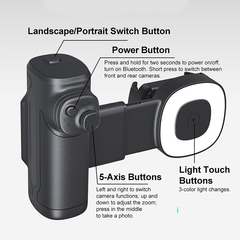 Photography Lighting Types - อุปกรณ์ช่วยถ่ายภาพมือถือ มาพร้อมไฟเติมแสงสามสี ตัวกันสั่นสำหรับถ่ายภาพด้วยโทรศัพท์ พร้อมที่จับสำหรับเซลฟี่ ใช้ได้กับโทรศัพท์และกล้อง
